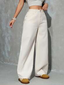 INAWLY Women's Pocket Button Casual Versatile Daily Wear Wide Leg Jeans - Apricot - View 5