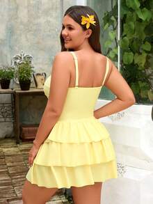 Swim Mod Plus Size Women's Solid Color Layered Ruffle Hem Sweet Girl Style Swimsuit Dress Two Pieces Set, Suitable For Pool, Vacation - Yellow - View 2