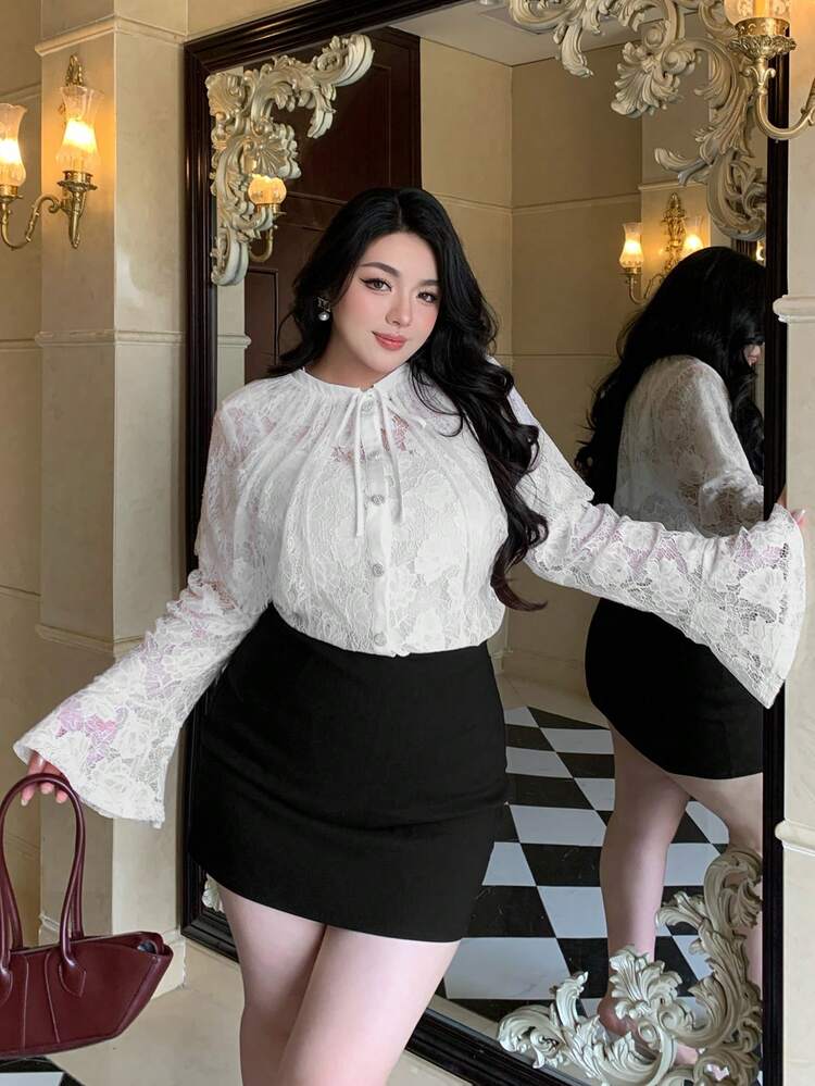 Dazy Plus Plus Size Elegant Lace Collar 2 In 1 Long Sleeve White Blouse