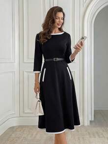 Miaspire Vestido elegante de media manga con cuello redondo y bloque de color para uso diario - Negro - Ver 4