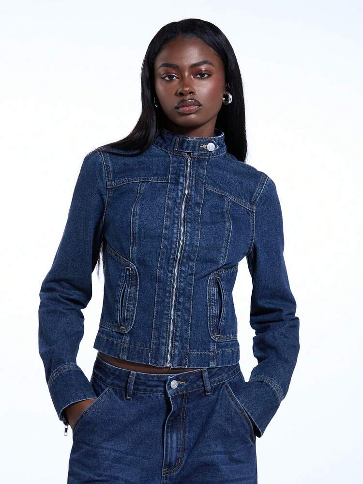COUREZ Fitted Asymmetric Zip Through Biker Denim Jacket In Mid