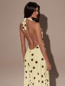 SHEIN BAE Vestido largo con escote en V, sin mangas, con cuello halter y espalda descubierta con estampado de lunares para mujer - Amarillo - Ver 6