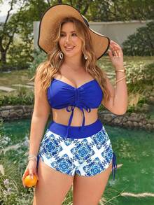 Swim Lushoire Plus Size Tropical Leaf Print Colorblock Swimwear Set - Blue and White - View 3