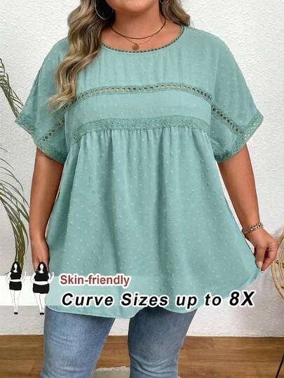 SHEIN CURVE+ Plus Size Vacation Casual Solid Color Batwing Sleeve Shirtsummer/Country/Beach Vacation Outfits/Beach Outfits/Beach Wear