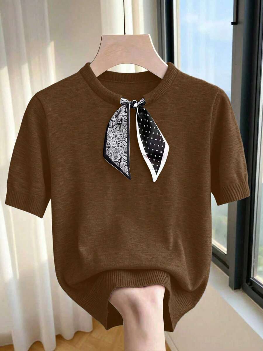 Franclia Coffee Brown,Autumn,Ellegant,Office French Chic Round Neck Short Sleeve Knit Blouse,Contrast Bow Collar Design Paisley & Polka Dot Ribbed Trim Top - Brown - View 1