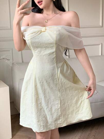 Modelyn 女士露肩提花优雅收腰短连衣裙，适合派对和聚会