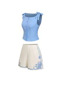 GlowEve 女士休闲度假罗纹条纹蓝色无袖蝴蝶结肩带背心搭配水果印花短裤两件套，夏季 - 彩色 - 查看 2