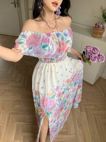 DAZY Off-Shoulder Ruffle Hem Dress, Women's New Waist-Cinching Slimming Floral Chiffon Dress, Elegant Vacation Dress - Multicolor - View 8