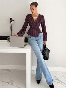 Siren Gaze 女士条纹印花V领不对称下摆长袖衬衫 - 中紫紅色 - 查看 4