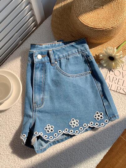 Comfortcana Women's Summer Casual Hollow Out Embroidery Pocket Denim Shorts