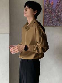 DAZY Men's Casual, Versatile, Solid Color Long Sleeve Shirt, Suitable For Work, Commute, Daily Wear, Spring/Autumn - Brown - View 4