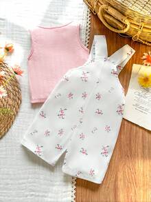 Vintaside Kids 女婴甜美碎花装饰背带裤和无袖上衣套装，宽松舒适，适合日常外出、休闲旅行、家庭聚会、夏季野餐。 - 彩色 - 查看 2
