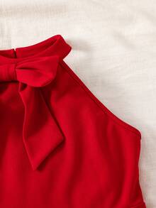 SHEIN Tween Girl Casual Solid Red Mandarin Collar Sleeveless Waist Flare Dress - Red - View 6