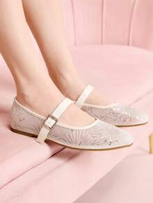 CUCCOO DOLLMOD Women's Shoes Mesh Embroidery Decorative Flat Bottom Mary Jane - White - View 4
