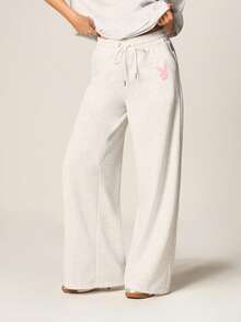 Missguided x Playboy 阔腿印花慢跑裤，抽绳腰带，粉色兔子图案，宽松版型，休闲运动裤，家居服 - 淺灰色 - 查看 1