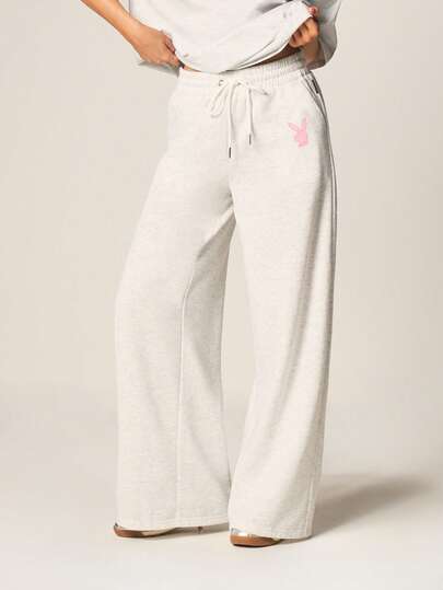 Missguided x Playboy 阔腿印花慢跑裤，抽绳腰带，粉色兔子图案，宽松版型，休闲运动裤，家居服