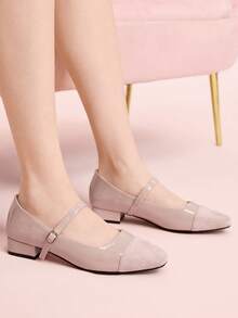 CUCCOO DOLLMOD 复古方头拼接玛丽珍鞋 女款 法式单字扣 天鹅绒气质粗跟通勤高跟单鞋 - 淺粉色 - 查看 4