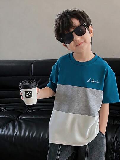 SHEIN Tween Boys' Casual Minimalist Round Neck Short Sleeve T-Shirt, Suitable For Summer Casual Patchwork Contrast Color Short Sleeve Top Tee