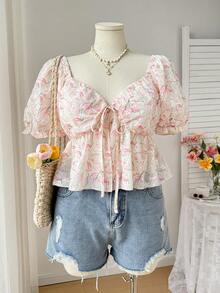 SHEIN EZwear 大码印花荷叶边短袖休闲度假衬衫，春夏款 - 彩色 - 查看 5