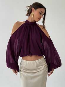 Aloruh Women's Elegant Pleated Lantern Sleeve Cropped Top, Summer - Purple - View 5