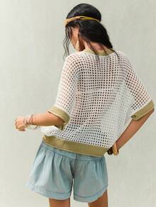 SoleilVie 女士夏季度假V领短袖镂空针织上衣 - 卡其色 - 查看 2