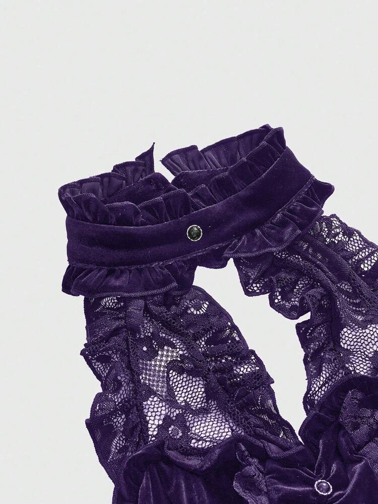 ROMWE Fairycore Camiseta de mujer con cuello alto de terciopelo y encaje, con parches y lazo en la cintura, de estilo gótico elegante - Morado - Añade 3