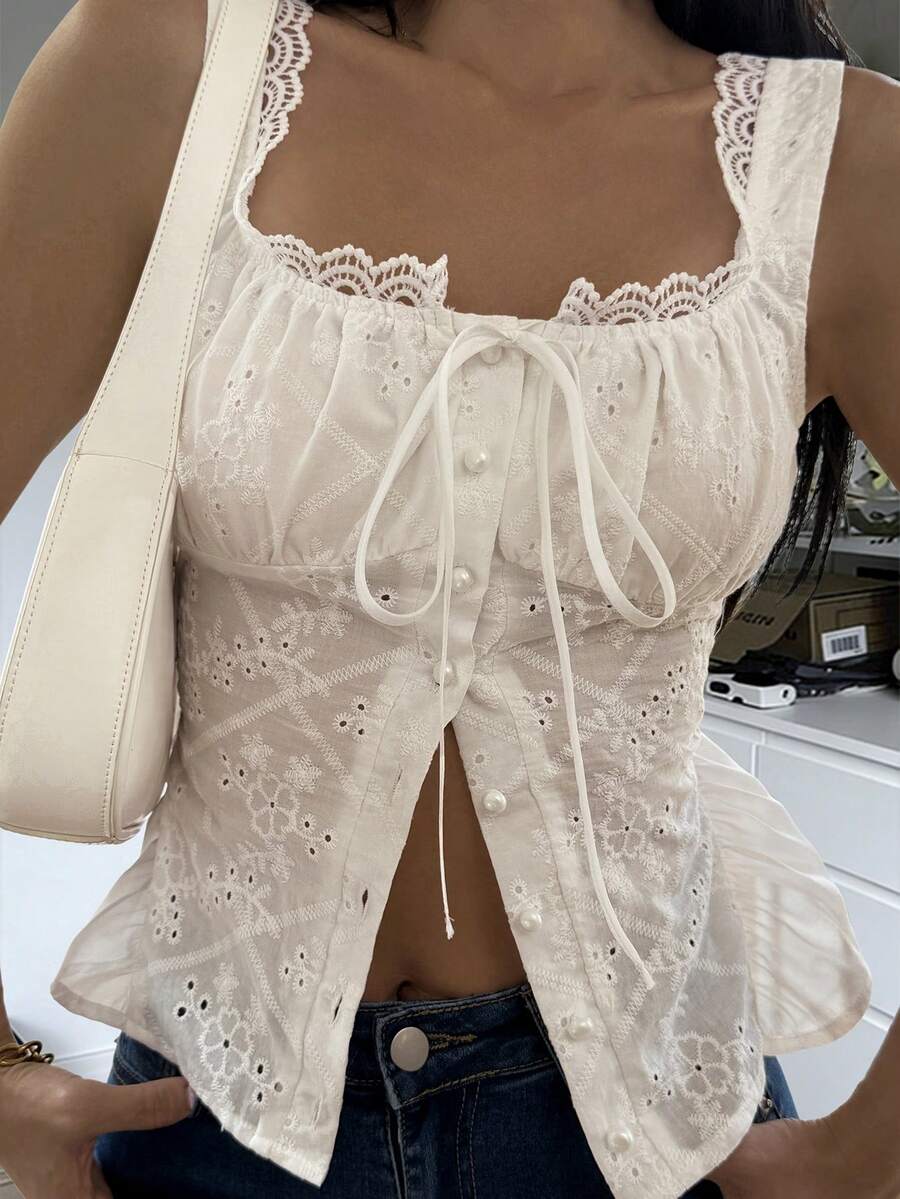 DAZY 女士方领蕾丝拼接纹理面料吊带背心，A字型网纱拼接优雅吊带衫，夏季款 - 白色 - 查看 1