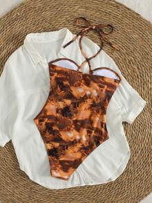 SHEIN Swim SXY Áo tắm liền thân gợi cảm phối màu gradient khoét rỗng, dây rút cổ yếm dành cho nữ, điểm nhấn màu vàng kim, thích hợp cho kỳ nghỉ hè. - Nhiều màu - Xem 5