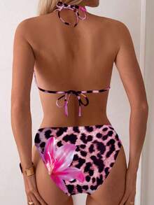 SHEIN Swim 2026 女士夏季沙滩豹纹花卉印花露背系带性感比基尼泳装套装 动物纹比基尼 动物纹泳衣 动物纹泳装 猎豹纹泳衣 女士两件式比基尼 - 彩色 - 查看 2