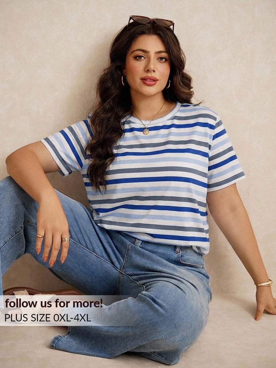 Elaquor 大码度假撞色条纹休闲夏季短袖T恤 - 藍色 - 查看 1