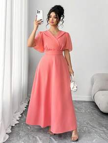 Elenzga Damen Große Größen V-Ausschnitt Geraffete Taille Patchwork Rüschenärmel Lässig Alltags Elegantes Kleid, Damen Große Größen V-Ausschnitt Kurzarm Bindegürtel Schlank Langes Kleid, Damen Große Größen Taille Eingeschnürt Schlank Midi A-Linie Kleid - Korallenrosa - Übersicht 7