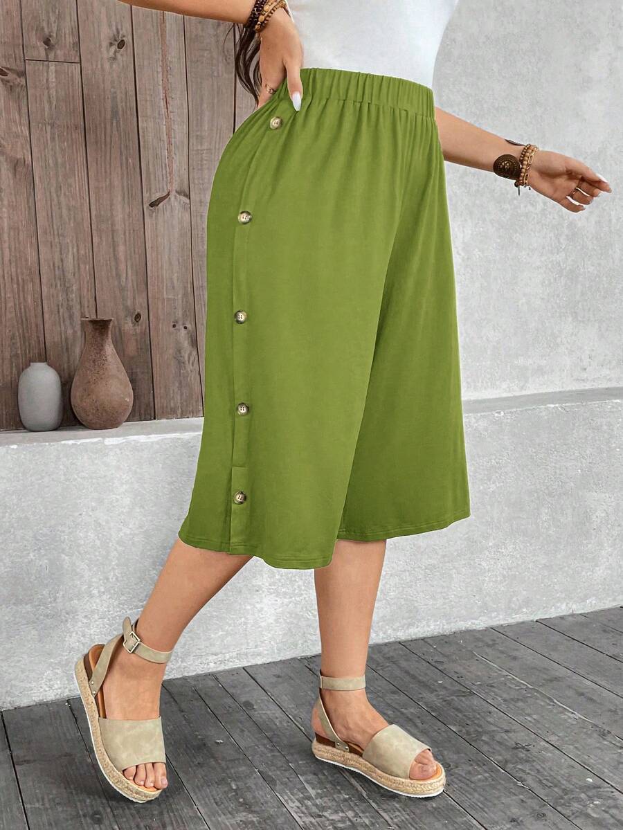 EMERY ROSE 大码橄榄绿宽松直筒七分裤,侧边纽扣,松紧腰带;橄榄绿裤子;松紧腰裤;七分阔腿裤;休闲裤;纽扣细节裤;绿色阔腿裤;休闲阔腿裤;绿色纽扣阔腿裤;宽松阔腿裤;橄榄绿阔腿裤;女士阔腿裤 - 綠色 - 查看 1