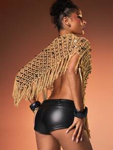 MISSGUIDED High Rise Faux Leather Micro Shorts With Gold Button Detail For Festival Summer Clubwear - Black - View 2