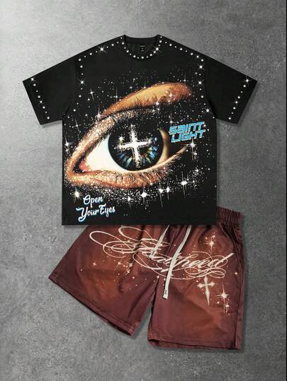 ROMWE MEN 2pcs/Set Men's Casual Round Neck Short Sleeve T-Shirt And Shorts Set, Spring/Summer/Autumn 2026