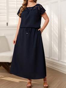 EMERY ROSE 2pcs Set Plus Size Women's Summer Casual Navy Blue Lace Trim Back Design Shirt Top And Long Skirt Two Pieces Set With Pockets, Tea Party Holiday Outfits - Navy Blue - View 1