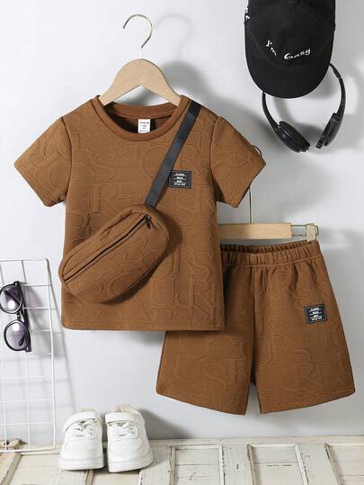 SHEIN Genkimix Kids 3pcs Young Boys Summer Set, Letter Knit Jacquard Casual Short Sleeve T-Shirt, Shorts & Bag, Classy Brown Loose Comfortable Two Pieces Outfits, Black