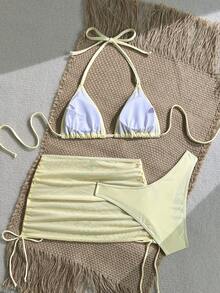 Soleia 女士夏季度假沙滩浅黄色太阳刺绣挂脖比基尼三件套 - 黃色 - 查看 2