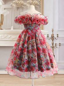 SHEIN Tween Girl Elegant Multi-Layered Ruffle Floral Print Mid-Length Dress,Kids - Multicolor - View 5