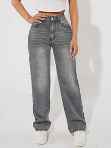 SHEIN PETITE Casual Straight Loose Versatile Daily Wear Jeans - Grey - View 5