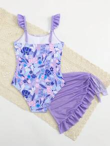 SHEIN 少女碎花荷叶袖连体泳衣，适合度假、海滩、泳池派对和沙滩派对。 - 紫色 - 查看 2