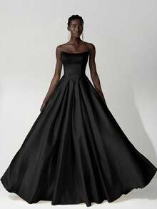 SHEIN Belle Đầm maxi nữ thanh lịch, lãng mạn màu đen bằng satin, không dây vai, phần thân trên xếp ly, dây buộc phía sau có thể điều chỉnh, đường may tinh tế, phù hợp cho tiệc tùng, sự kiện trang trọng, hẹn hò. - màu đen - Xem 1
