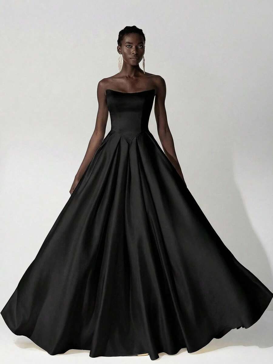 SHEIN Belle Đầm maxi nữ thanh lịch, lãng mạn màu đen bằng satin, không dây vai, phần thân trên xếp ly, dây buộc phía sau có thể điều chỉnh, đường may tinh tế, phù hợp cho tiệc tùng, sự kiện trang trọng, hẹn hò. - màu đen - Xem 1