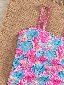 SHEIN 少女两件式吊带泳衣，可爱海洋生物印花，吊带上衣和泳裤，适合旅行、海滩、夏季穿着 - 彩色 - 查看 4