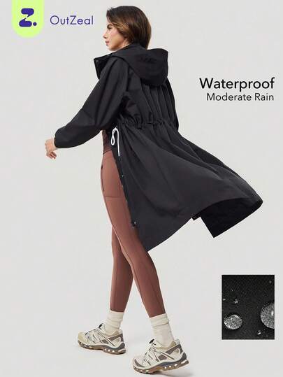 OutZeal 女士户外夹克 黑色 徒步露营 防水 抽绳腰带 长款户外上衣