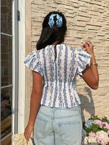 Serisse Women's Frenchy Fashion Casual Summer Blue And White  Floral Print  Cottagecore Floral Plunge Deep V-Neck Flutter Sleeve Babydoll Top Bow Front Flutter Sleeve Peplum Top,Summer Blue Holiday Resort,Boho Blouse Summer ,Vacation,Summer Tops, Suitable For Commuting, Dates, And Casual Everyday Wear,Summer Tops Women,Casual Blouses For Women ,Summer ,Beach , Wedding,Birthday,Going Out, Elegant , Casual - Blue and White - View 4