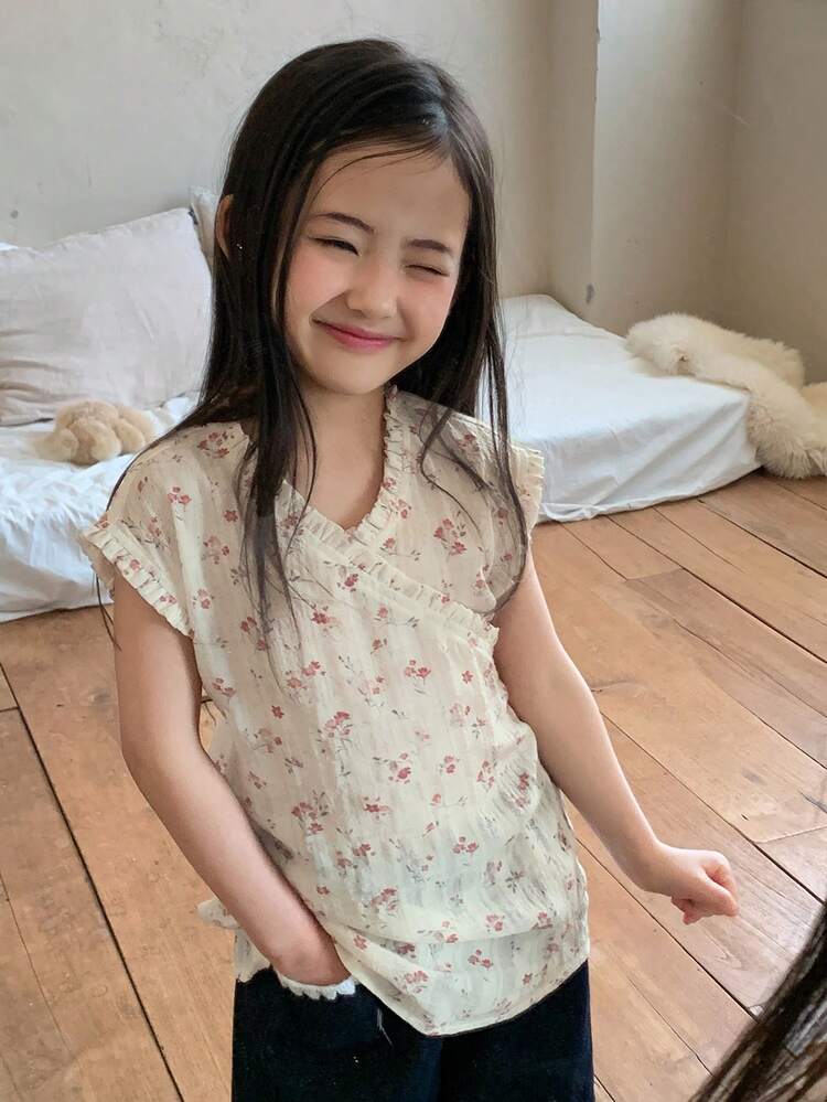 Young Girl Ditsy Floral V-Neck Frill Trim Casual Blouse