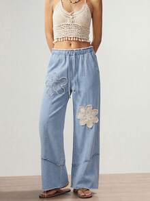 Bohemela Bohemien Frühling-bis-Sommer Damen Jeans, blaue Relaxed Fit Sommer Urlaubs-Strandhosenmode, asymmetrisches Paneel Design - Schwarz - Übersicht 1