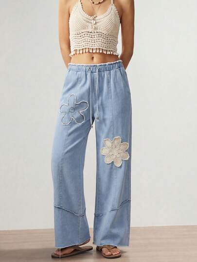 Bohemela Bohemia Spring-To-Summer Women's Jeans,Blue Relaxed Fit Summer Vacation,Beach Pants,Women's Resort Wear,Asymmetrical Panel Design