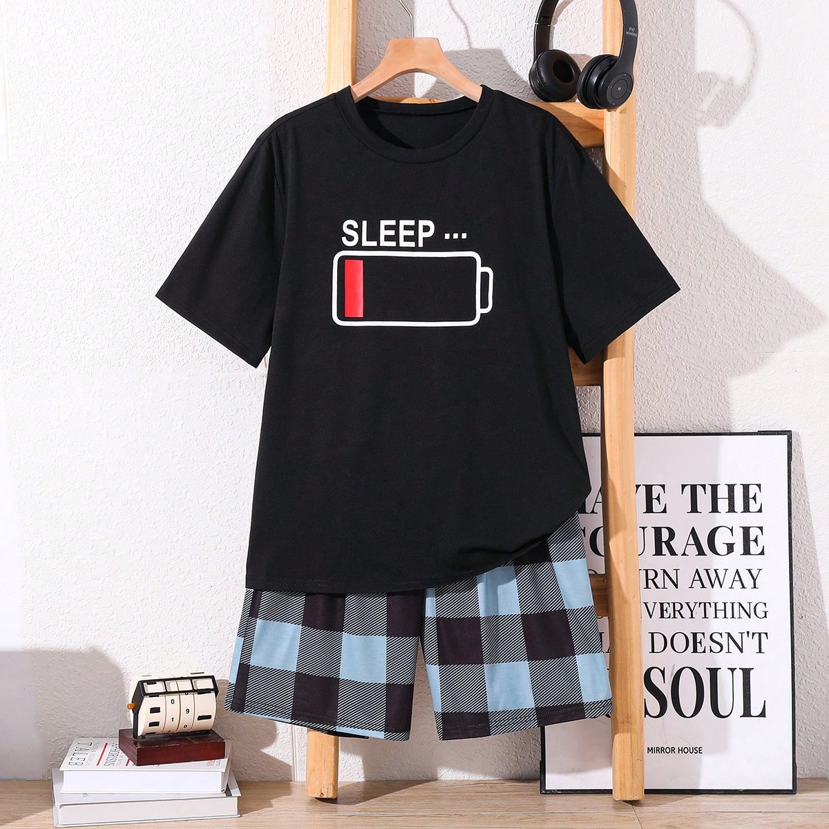 Set de pijama de 2 piezas para adolescentes varones, con camiseta holgada de color sólido y pantalones cortos a cuadros de punto para el verano