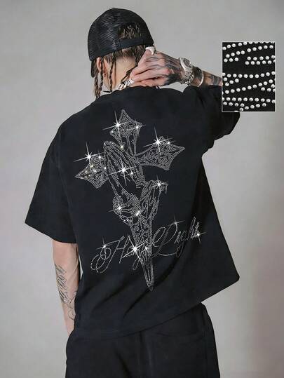 ROMWE MEN Goth 男士休闲街头风圆领短袖水钻装饰T恤